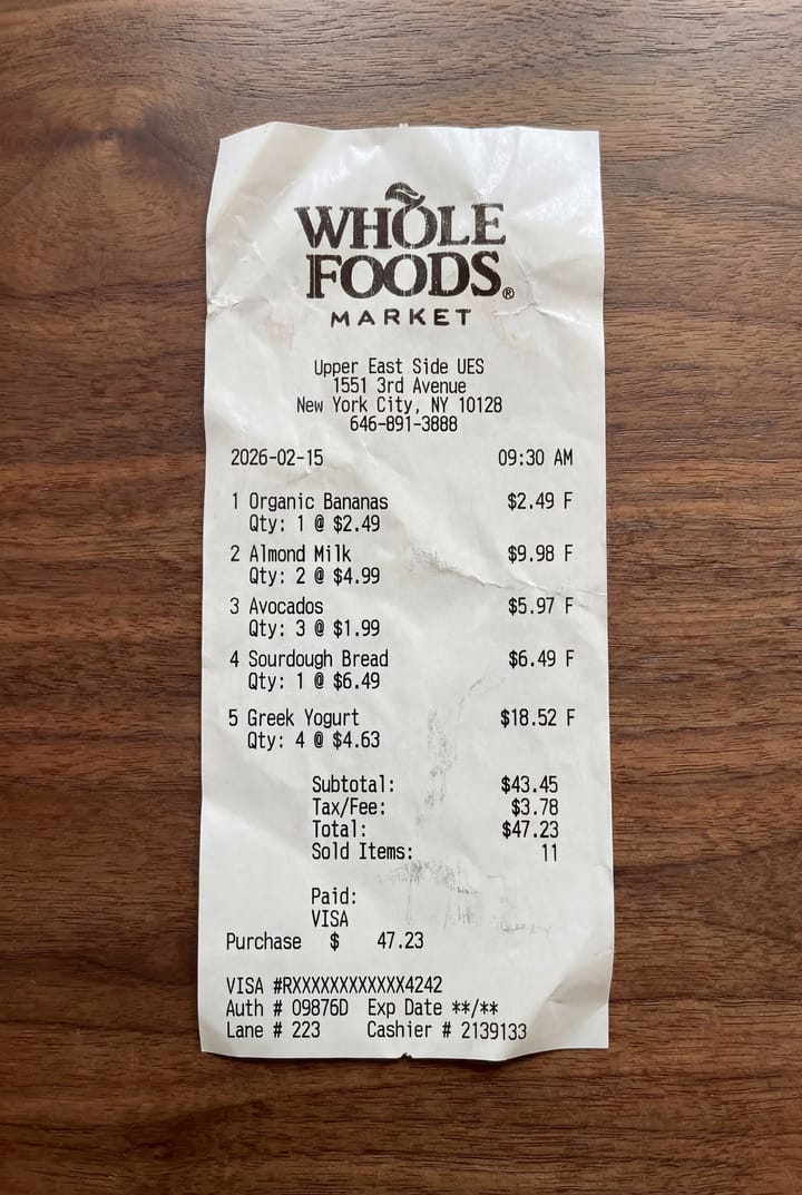Photo of a Whole Foods Market receipt with five items, totalling $47.23